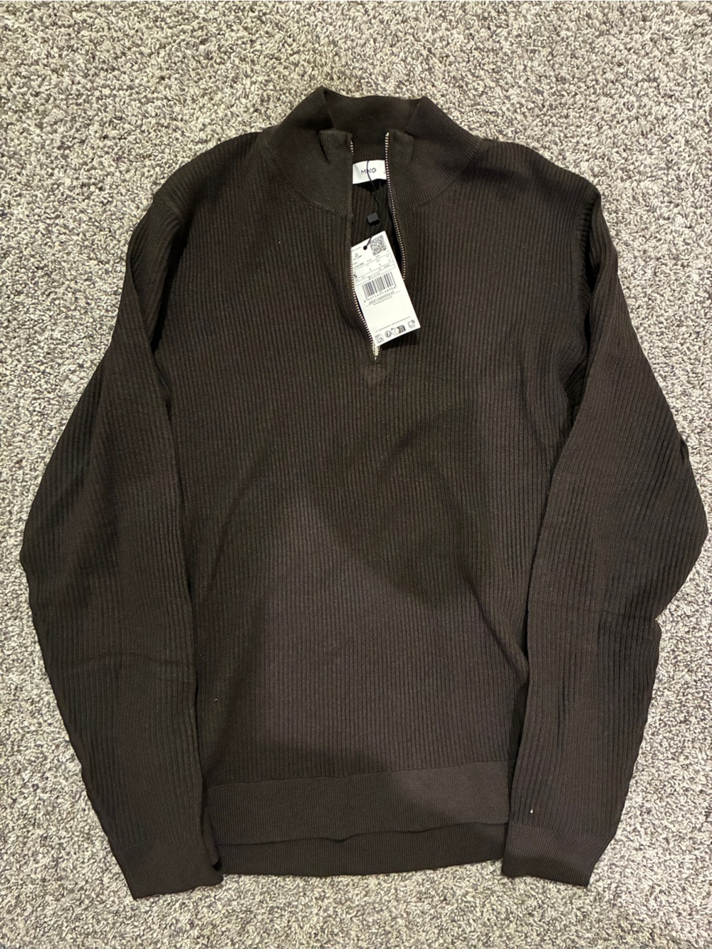 Mango Dark Brown Ribbed Quarter Zip Sweater